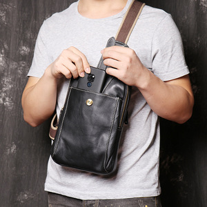 Bolso de Pecho Personalizable de Cuero Genuino Negro para Hombre, Bolso de Hombro Casual de Moda, Bolso Cruzado de Piel de Vaca, Bolso de Cintura para Teléfono Móvil - Product Image 3
