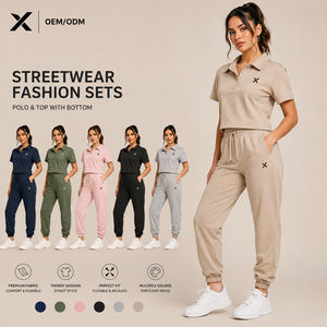 XSC Two-Piece Women's Athleisure Set: Tan Short-Sleeve Polo <b>Crop</b> <b>Top</b> & Matching High-Waist Joggers for Versatile Casual Styling - Product Image 1