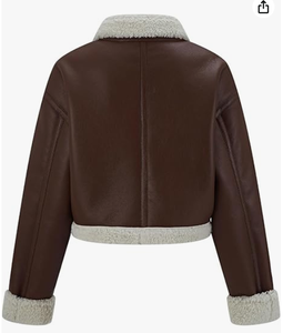 Women's Faux Shearling Cafe Racer Moto <b>Jacket</b> Thick <b>Fur</b> <b>Lined</b> Sherpa Leather Coat Winter Outerwear Finished - Product Image 2