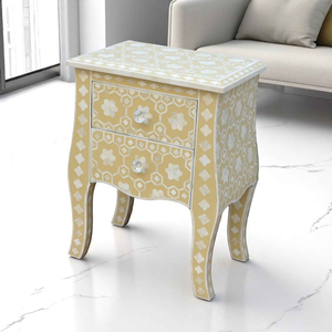 Tabouret cylindrique artisanal avec incrustation de os et motif floral géométrique bleu, disponible à prix de gros. - Product Image 4