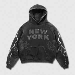 Oversized Acid Wash <b>Rhinestone</b> Hooded Fleece <b>Jacket</b> 100% Cotton Regular Fit Quick Dry - Product Image 1