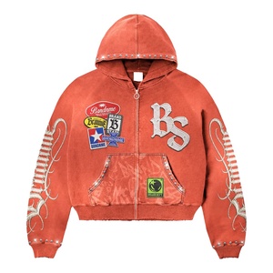 Custom Vintage Washed Sun Faded <b>Hoodie</b> <b>for</b> <b>Men</b> Factory OEM <b>Oversized</b> Heavyweight 100% Cotton Zipper Jacket Rhinestone <b>for</b> Winter - Product Image 3