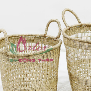 Rustic Sustainable Seagrass Circle Laundry <b>Hamper</b> Hand-Woven Tall <b>Storage</b> Basket with Handles - Product Image 2