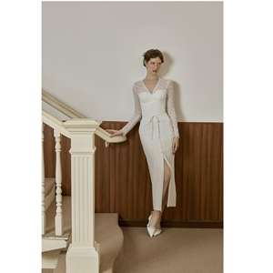 Robe pour femme, col en V, en coton, mi-longue, en dentelle, nouvelle robe élégante, classique, féminine, Vietnam VIVIAN - Robe classique avec fente avant KD51 - Product Image 4