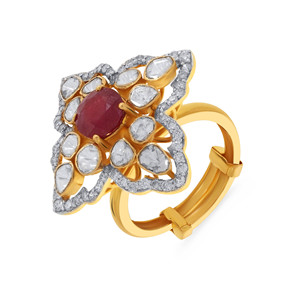 Floral Wonder Polki Diamond <b>Ring</b> Luxury 18K Yellow Gold Natural Ruby and Uncut Polki Diamond <b>Adjustable</b> <b>Ring</b> for Women - Product Image 1