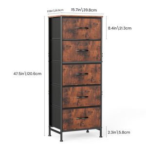 Commode en tissu à 5 tiroirs avec plateau en bois et structure métallique, meuble TV pour salon, couloir, entrée, couleur rouille - Product Image 3