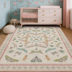 Tappeto Boho Rosa Chiaro 5x7FT per Cameretta e Soggiorno, Lavabile con Stampa di Insetti Naturali per Arredamento Casa - Product Image 4