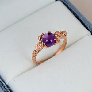 Bague pour femme en améthyste d'inspiration naturelle, argent sterling 925 massif, pierre précieuse ronde, plaqué or rose, motif feuille de vigne, bague romantique - Product Image 3