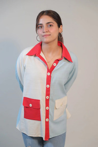 Camisa de Oficina para Mujer, Tejida, con Bloques de Color, Manga Larga, Cierre de Botones, Corte Holgado Informal - Product Image 5