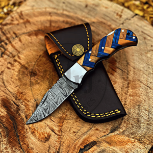Couteau pliant artisanal en acier Damas, pointe tombante, manche en bois personnalisé, couteau de chasse de poche, étui en cuir, garantie 3 ans, DIY - Product Image 5