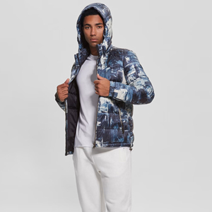 2026 New Men's Blue Abstract Print Puffer Jacket Stand Collar Zipper Closure Casual Winter Wear Slim Fit Polyester Material - Product Image 3