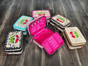 2026 Portable Hand Tooled Leather Jewelry Case Cheery Design Genuine Cow Leather <b>Small</b> Travel Jewelry <b>Box</b> with Zipper for Girls - Product Image 6