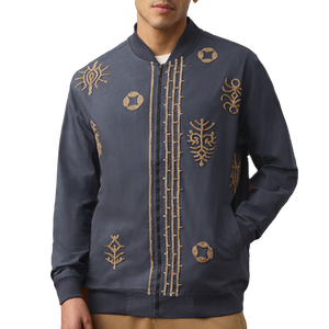 Men'<b>s</b> Navy Blue Bomber <b>Jacket</b> With Hand Embroidered Geometric Patterns Stand Collar Zipper Closure Casual Style - Product Image 1