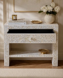 Table console artisanale écologique en nacre grise à motif de feuilles, avec un seul tiroir, design moderne, multifonctionnelle, décoration d'intérieur - Product Image 3