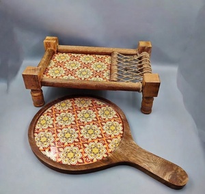 Plateau rond en bois d'acacia pour steak, pizza, sushi, fromage, avec impression émaillée, plateau de service pour dîner au meilleur prix - Product Image 6