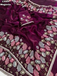 Sari de Seda Suave con Bordado Multihilo, Diseño Pichwai de Flor de Loto, Borde Festoneado, para Fiestas, Estilo Bollywood - Product Image 6