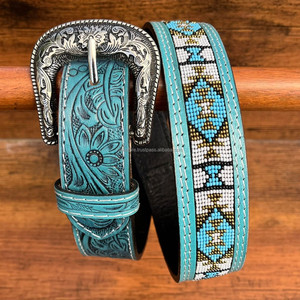 Cinturón de cuentas de cuero hecho a mano con hebilla de aleación personalizada de fabricante OEM cinturón de cuero genuino estilo occidental hecho a mano para hombres y mujeres - Product Image 5