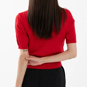 Pull en tricot torsadé rouge pour femme, manches trois quarts, col rond, 100% acrylique, décontracté, coupe classique, tricoté à la main, couleur unie - Product Image 3