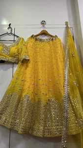 Indian Traditional Ethnic Georgette Lehenga Choli with <b>Mirror</b> Work for Wedding Wear Yellow Lehenga for Women Fancy Outfit - Product Image 5