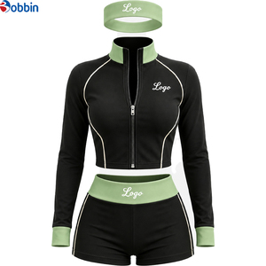 Conjuntos Deportivos Cortos de Hip Hop con Logotipo Personalizado, Conjunto de 3 Piezas, Chaqueta con Cierre y Cuello Alto en Bloques de Color, Combinada con Pantalones Cortos y una Diadema - Product Image 5