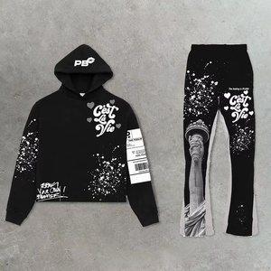 Y2K Streetwear moda conjuntos de chándal de dos piezas con estampado personalizado Sudadera con capucha y pantalones de chándal acampanados conjunto de chándal de invierno de gran tamaño para hombres - Product Image 1