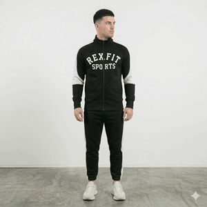REXFIT SPORTS Survêtement Homme Entièrement Zippé Noir Blanc Imprimé Lettres Tenue de Sport Ensemble Jogging Coupe Droite Vêtement d'Automne - Product Image 1