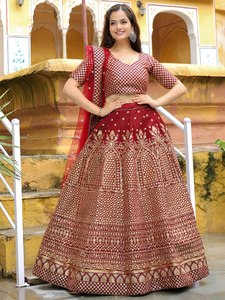 Maroon Sequin Applique Bridal <b>Lehenga</b> Choli Dupatta Raw Silk Embroidery Short Sleeves Knee-Length A-Line Silhouette Wedding - Product Image 2