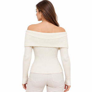 Women Solid Casual Shoulder Foldover Ribbed Knit Sweater Slim Fit <b>Long</b> <b>Sleeve</b> Pullover Autumn Winter Fashion <b>Top</b> <b>Stretch</b> - Product Image 2