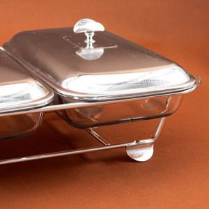 Ensemble de réchauds à double paroi en verre de qualité supérieure, cadre en acier inoxydable avec poignées dorées, rectangulaire, 2 bacs, chauffe-plats pour restaurant et buffet - Product Image 5