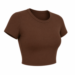 OEM Blank Women T Shirt <b>Short</b> <b>Sleeve</b> Round Neck Solid Crop <b>Top</b> Fitness Slim Ribbed <b>Knit</b> Cotton Spandex Cropped Tee For <b>Lady</b> Bran - Product Image 3