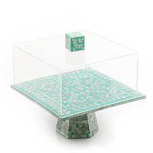 Premium luxury mother of pearl <b>cake</b> <b>stand</b>, acrylic <b>covered</b> pink wooden riser, stunning pastry showcase for hospitality - Product Image 3