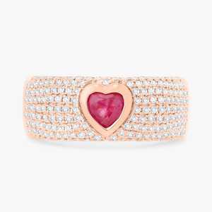 Bagues de cigare en diamant en or massif 10K 14K 18K, serties pavé avec rubis cœur taille ronde cultivés en laboratoire, dôme large, bague de déclaration de mariage - Product Image 3