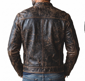 High Quality Men Distressed Vintage Leather Biker <b>Jacket</b> Retro <b>Cafe</b> <b>Racer</b> Motorcycle Cowhide Zipper Waterproof Windproof Stylish - Product Image 4