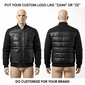 Chaqueta Acolchada de Punto de Poliéster con Cuero PU Premium de 320 GSM, Paneles Acolchados Negros, Logotipo Personalizado por Transferencia de Calor, OEM - Product Image 1