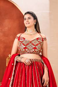 <b>Red</b> Embroidered <b>Sequins</b> Zari Lehenga Choli Dupatta Traditional Indian Wedding Wear for Women Floor-Length Sun Protection Quick - Product Image 3