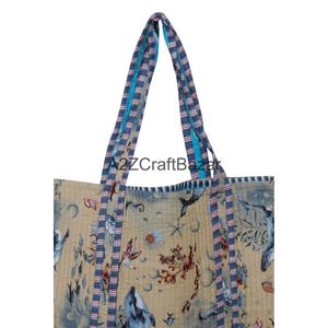 Striped Quilted 100% Pure Cotton Fabric Long Handle Travel Beach Tote <b>Bag</b> for Women Summer Groceries & Shopping - Product Image 2