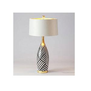 Contemporary Metal Table Lamp with Black White Stripe Pattern Gold Base White Fabric <b>Drum</b> <b>Shade</b> E26 AC Wire Living Room Decor - Product Image 3