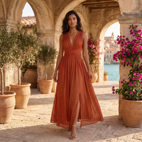 Robe longue unie sans manches à col en V profond, style bohème, en rayonne respirante, coupe ample, taille naturelle, pour l'été, les fêtes, les occasions décontractées et les vacances