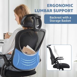 Sedia da ufficio ergonomica per computer con schienale alto in rete, girevole, regolabile, con poggiatesta e braccioli ribaltabili C - Product Image 5