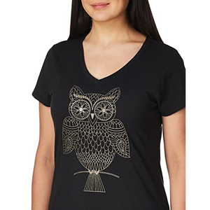 <b>Women</b> V-Neck T-<b>Shirt</b> <b>Black</b> Owl Print Casual Short Sleeve 100% Cotton Jersey Fit Regular Season All - Product Image 3