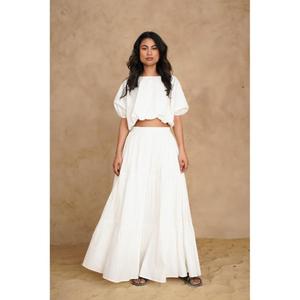 Conjunto de Dos Piezas Estilo Bohemio Blanco, Top Corto con Mangas Abullonadas y Falda Larga en Línea A, Cintura Natural, Color Sólido, Vestido de Verano para Mujer - Product Image 1