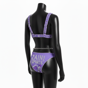 Premium Poly Spandex Women <b>Bikini</b> Set Soft Stretch Purple Panel Design <b>Rhinestone</b> Heat Transfer Logo women for <b>Bikini</b> Set - Product Image 5