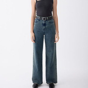 Vaqueros de mezclilla de cintura alta y pierna ancha para mujer, color liso, lavado a la piedra, estilo casual, largos, holgados, con cinturón, estilo otoño - Product Image 1
