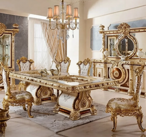 Juego de Comedor de Lujo en Madera de Teca Sólida Dorada, Estilo Europeo Clásico Tallado, para Comedor de Hotel, Hecho en Indonesia - Product Image 1