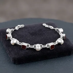 Geometric Garnet 925 sterling silver <b>Chain</b> Bracelet Unisex Classic Style Jewelry Gift - Product Image 2