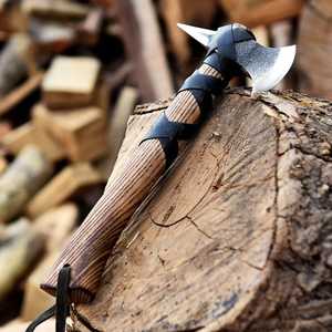 Premium Battle Ready Nordic Spike Tomahawk Custom Logo Handmade Steel Wood <b>Handle</b> Hunting Camping Tool with Leather Sheath Wrap - Product Image 2
