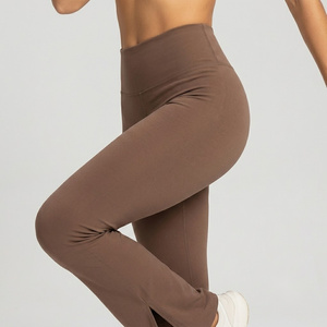 High Waist <b>Flared</b> <b>Leggings</b> Solid Color Stretch Knitted Full Length Women's Activewear Pants - Product Image 2
