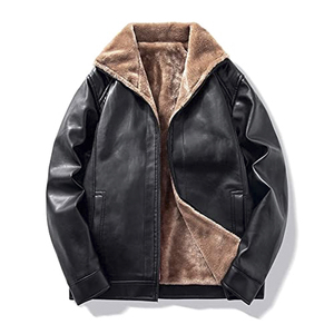<b>Men's</b> Black Genuine <b>Leather</b> Biker <b>Jacket</b> Polyester Lining Eco-Friendly Breathable Windproof Zipper Closure Stand Collar Winter - Product Image 2