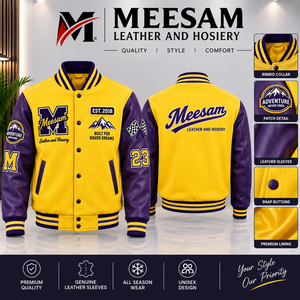 <b>Varsity</b> <b>Jacket</b> Yellow <b>Purple</b> Leather Sleeves Embroidered Logo Unisex All Season Casual Wear - Product Image 1