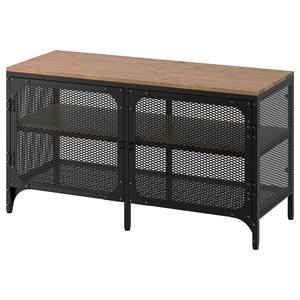 Meuble TV moderne et durable en métal résistant à la rouille avec plateau en bois, étagère de rangement, porte en maille, revêtement poudré, multifonctionnel pour salon - Product Image 2
